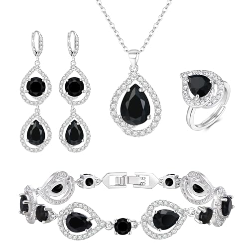 EVER FAITH 4 Stück Schmuck Set für Damen Teardrop Cubic Zirkonia Anhänger Halskette Ohrringe Tennis Armband und Offene Ring Sets für Party Hochzeit Schwarz Silber-Ton von EVER FAITH