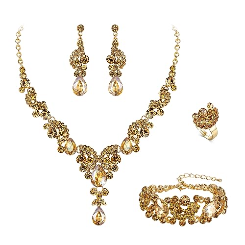 EVER FAITH 4 Stück Schmucksets für Damen Party Hochzeit Braut Strass Kristall floralen Welle Teardrop Halskette baumeln Ohrringe Armband Ring Set Braun Gold-Tone von EVER FAITH
