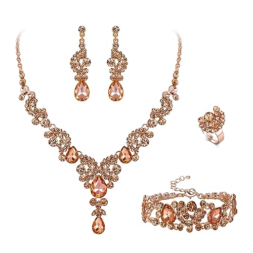 EVER FAITH 4 Stück Schmuck-Sets für Hochzeit Braut Strass Kristall Braut floralen Welle Teardrop Halskette baumeln Ohrringe Armband Ring-Set Champagner Rose Gold-Tone von EVER FAITH