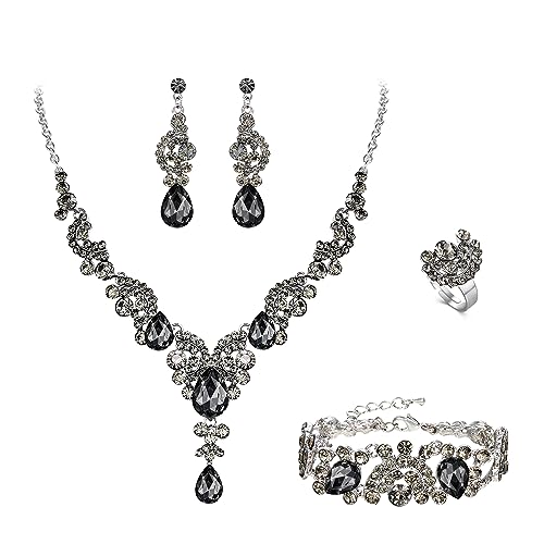 EVER FAITH 4 Stück Schmucksets für Damen Party Hochzeit Braut Strass Kristall floralen Welle Teardrop Halskette baumeln Ohrringe Armband Ring Set Grau Silber-Ton von EVER FAITH