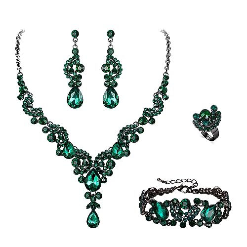 EVER FAITH 4 Stück Schmucksets für Damen Party Hochzeit Braut Strass Kristall floralen Welle Teardrop Halskette baumeln Ohrringe Armband Ring Set Grün Schwarz-Ton EVER FAITH 4 Stück Schmucksets für Damen Party Hochzeit Braut Strass Kristall floralen Welle Teardrop Halskette baumeln Ohrringe Armband Ring Set Grün Schwarz-Ton von EVER FAITH