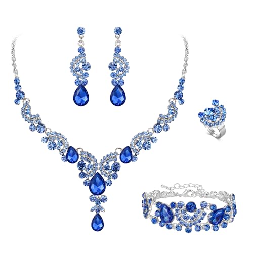 EVER FAITH 4 Stück Schmucksets für Damen Party Hochzeit Braut Strass Kristall floralen Welle Teardrop Halskette baumeln Ohrringe Armband Ring Set Hellblau Silber-Ton von EVER FAITH