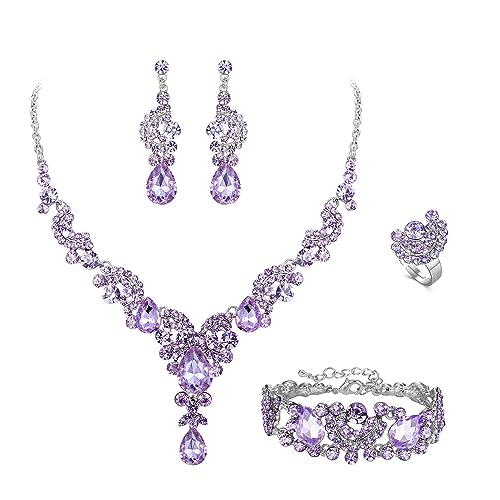 EVER FAITH 4 Stück Schmucksets für Damen Party Hochzeit Braut Strass Kristall floralen Welle Teardrop Halskette baumeln Ohrringe Armband Ring Set Hellviolett Silber-Ton von EVER FAITH