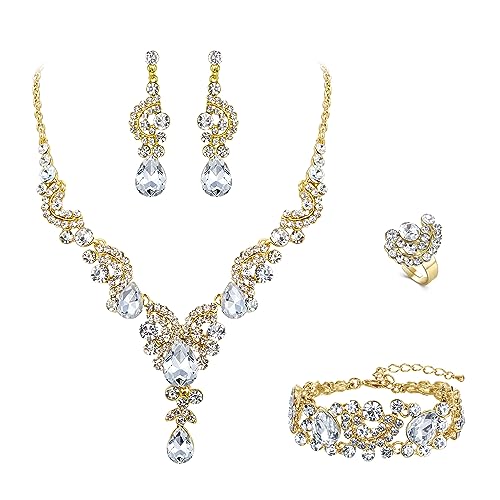 EVER FAITH 4 Stück Schmucksets für Damen Party Hochzeit Braut Strass Kristall floralen Welle Teardrop Halskette baumeln Ohrringe Armband Ring Set Klar Gold-Ton von EVER FAITH
