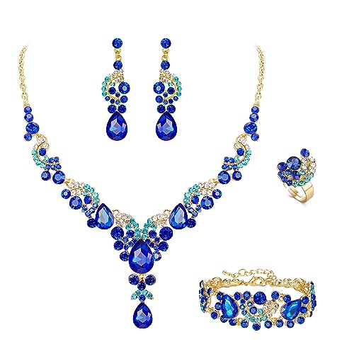 EVER FAITH 4 Stück Schmuck-Sets für Hochzeit Braut Strass Kristall Braut floralen Welle Teardrop Halskette baumeln Ohrringe Armband Ring-Set Marineblau Gold-Tone von EVER FAITH