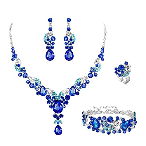 EVER FAITH 4 Stück Schmucksets für Damen Party Hochzeit Braut Strass Kristall floralen Welle Teardrop Halskette baumeln Ohrringe Armband Ring Set Marineblau Silber-Ton von EVER FAITH
