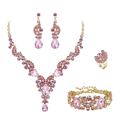 EVER FAITH 4 Stück Schmucksets für Damen Party Hochzeit Braut Strass Kristall floralen Welle Teardrop Halskette baumeln Ohrringe Armband Ring Set Rosa Gold-Tone von EVER FAITH