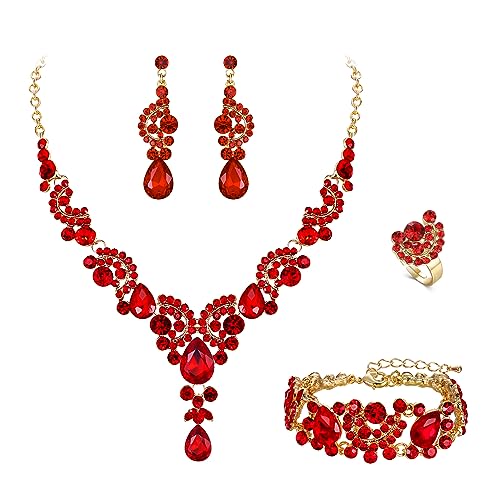 EVER FAITH 4 Stück Schmucksets für Damen Party Hochzeit Braut Strass Kristall floralen Welle Teardrop Halskette baumeln Ohrringe Armband Ring Set Rot Gold-Ton von EVER FAITH
