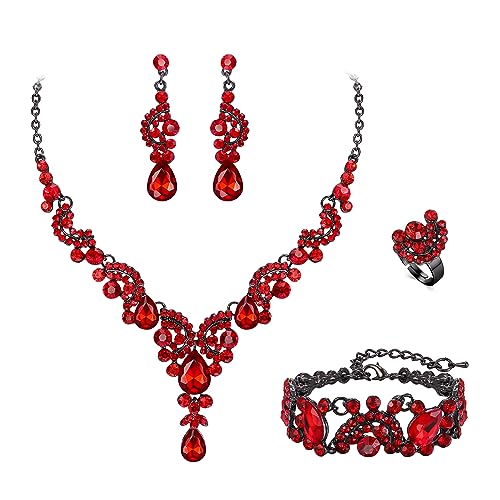 EVER FAITH 4 Stück Schmucksets für Damen Party Hochzeit Braut Strass Kristall floralen Welle Teardrop Halskette baumeln Ohrringe Armband Ring Set Rot Schwarz-Ton EVER FAITH 4 Stück Schmucksets für Damen Party Hochzeit Braut Strass Kristall floralen Welle Teardrop Halskette baumeln Ohrringe Armband Ring Set Rot Schwarz-Ton von EVER FAITH