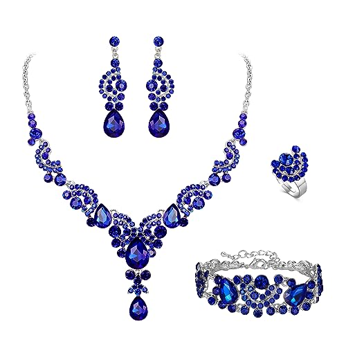 EVER FAITH 4 Stück Schmuck-Sets für Hochzeit Braut Strass Kristall Braut floralen Welle Teardrop Halskette baumeln Ohrringe Armband Ring-Set Royal Blau Silber-Ton von EVER FAITH