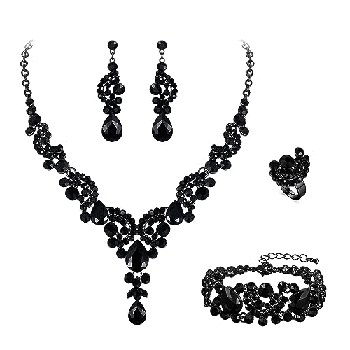 EVER FAITH 4 Stück Schmucksets für Damen Party Hochzeit Braut Strass Kristall floralen Welle Teardrop Halskette baumeln Ohrringe Armband Ring Set Schwarz Schwarz-Ton EVER FAITH 4 Stück Schmucksets für Damen Party Hochzeit Braut Strass Kristall floralen Welle Teardrop Halskette baumeln Ohrringe Armband Ring Set Schwarz Schwarz-Ton von EVER FAITH