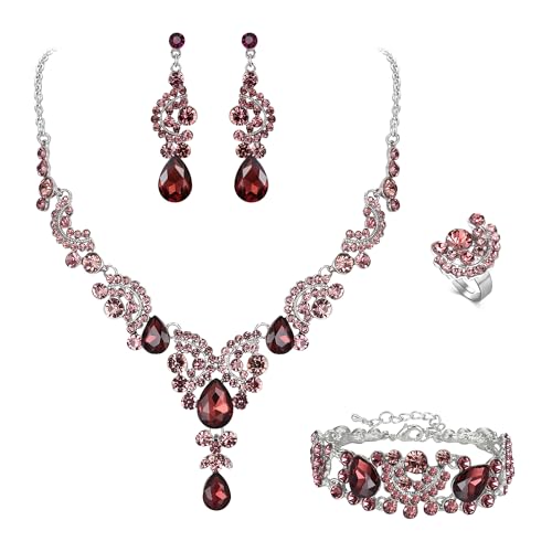 EVER FAITH 4 Stück Schmucksets für Damen Party Hochzeit Braut Strass Kristall floralen Welle Teardrop Halskette baumeln Ohrringe Armband Ring Set Violett Gold-Tone von EVER FAITH