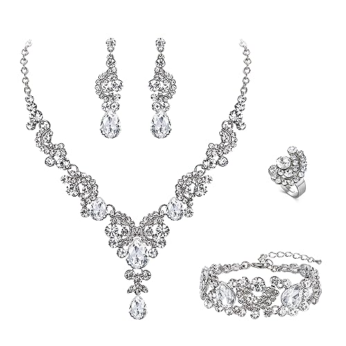 EVER FAITH 4 Stück Schmucksets für Damen Party Hochzeit Braut Strass Kristall floralen Welle Teardrop Halskette baumeln Ohrringe Armband Ring Set klar Silber-Ton von EVER FAITH