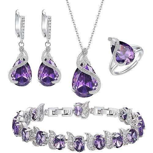 EVER FAITH 4 Stück Tropfen Cubic Zirconia Schmuck Set Glamour Anhänger Halskette Ohrringe Tennis Armband und Offener Ring für Damen Hochzeit Party Amethyst Lila Silber-Ton von EVER FAITH