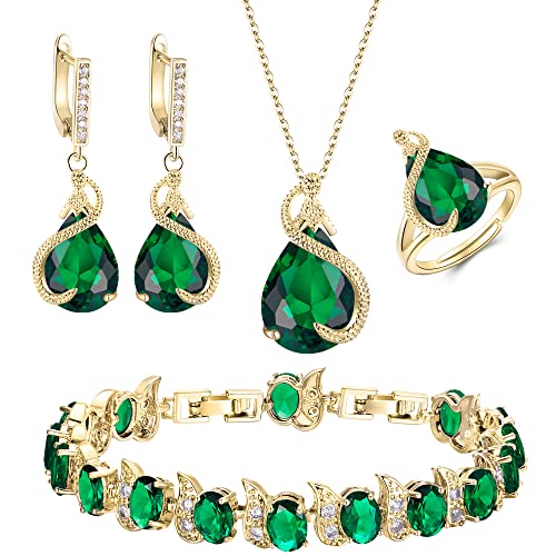 EVER FAITH 4 Stück Tropfen Cubic Zirconia Schmuck Set Glamour Anhänger Halskette Ohrringe Tennis Armband und Offener Ring für Damen Hochzeit Party Grün Gold-Ton von EVER FAITH