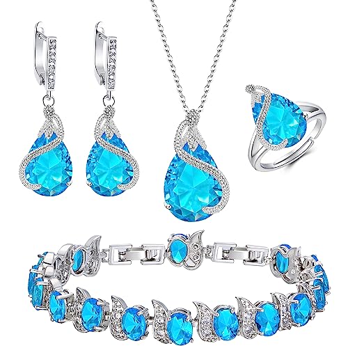 EVER FAITH 4 Stück Tropfen Cubic Zirconia Schmuck Set Glamour Anhänger Halskette Ohrringe Tennis Armband und Offener Ring Set für Damen Hochzeit Party Himmelblau Silber-Ton von EVER FAITH