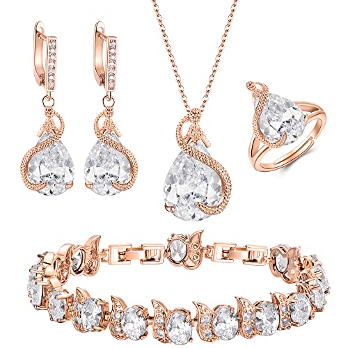 EVER FAITH 4 Stück Tropfen Cubic Zirconia Schmuck Set Glamour Anhänger Halskette Ohrringe Tennis Armband und Offener Ring Set für Damen Hochzeit Party Klar Rose Gold-Tone von EVER FAITH