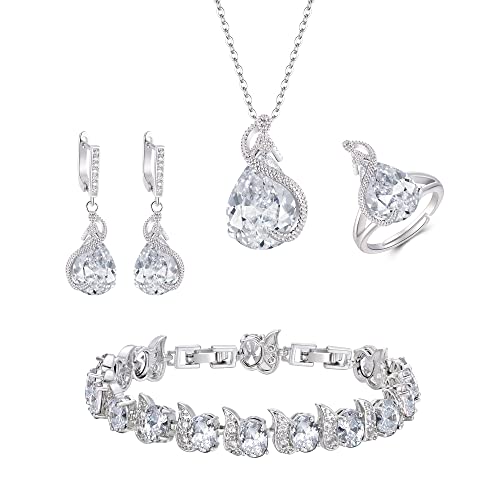 EVER FAITH 4 Stück Tropfen Cubic Zirconia Schmuck Set Glamour Anhänger Halskette Ohrringe Tennis Armband und Offener Ring Set für Damen Hochzeit Party Klar Silber-Ton von EVER FAITH