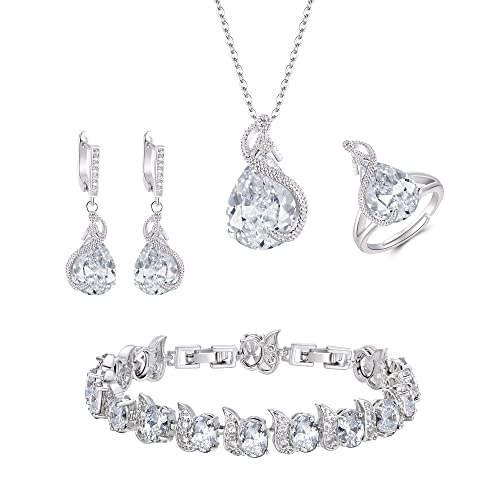 EVER FAITH 4 Stück Tropfen Cubic Zirconia Schmuck Set Glamour Anhänger Halskette Ohrringe Tennis Armband und Offener Ring für Damen Hochzeit Party Klar Silber-Ton von EVER FAITH
