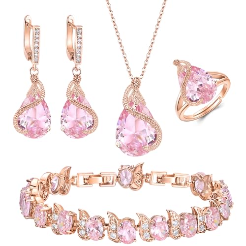 EVER FAITH 4 Stück Tropfen Cubic Zirconia Schmuck Set Glamour Anhänger Halskette Ohrringe Tennis Armband und Offener Ring Set für Damen Hochzeit Party Rosegold von EVER FAITH