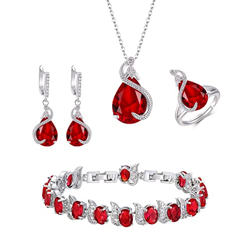 EVER FAITH 4 Stück Tropfen Cubic Zirconia Schmuck Set Glamour Anhänger Halskette Ohrringe Tennis Armband und Offener Ring für Damen Hochzeit Party Rot Silber-Ton von EVER FAITH