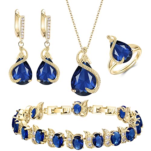 EVER FAITH 4 Stück Tropfen Cubic Zirconia Schmuck Set Glamour Anhänger Halskette Ohrringe Tennis Armband und Offener Ring für Damen Hochzeit Party Saphirblau Gold-Ton von EVER FAITH