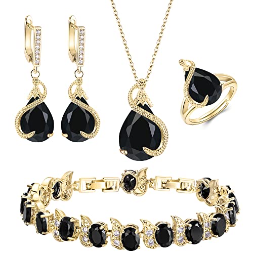 EVER FAITH 4 Stück Tropfen Cubic Zirconia Schmuck Set Glamour Anhänger Halskette Ohrringe Tennis Armband und Offener Ring für Damen Hochzeit Party Schwarz Gold-Tone von EVER FAITH