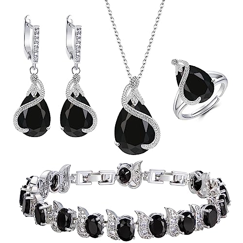 EVER FAITH 4 Stück Tropfen Cubic Zirconia Schmuck Set Glamour Anhänger Halskette Ohrringe Tennis Armband und Offener Ring für Damen Hochzeit Party Silber-Ton Schwarz Zirkonia von EVER FAITH