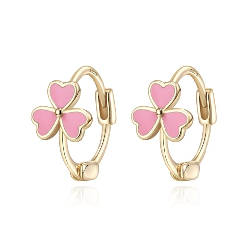 EVER FAITH 925 Sterling Silber Huggie Hoop Ohrringe für Mädchen glücklich Kleeblatt Clover Shamrock St Patricks Day irischen Schmuck Geschenke für Tochter Enkelin Rosa Gold-Ton von EVER FAITH