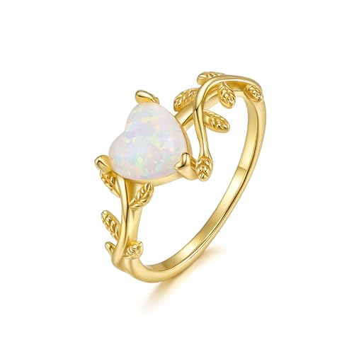 EVER FAITH 925 Sterling Silber erstellt Edelstein weißes Herz Opal Statement Ringe, zierlich Gold Rebe Blatt Hochzeit Versprechen Band Ring Geburtstag Schmuck für Damen Braut Größe 16.5 von EVER FAITH