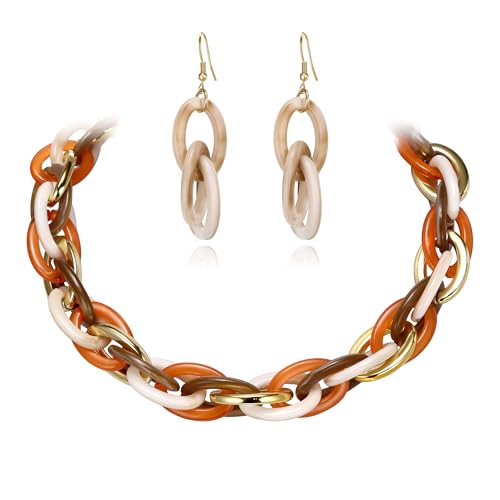 EVER FAITH Acryl Choker Halskette mit Ohrringe Set, Chunky Statement Harz Kette Boho-Schmuck-Set für Damen Braun von EVER FAITH
