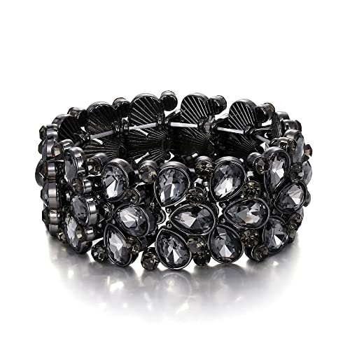 EVER FAITH Armband Art Deco Schmuck für den Abschlussball, rundes österreichisches Kristall 3 lagiges Teardrop Stretch Armkette für Damen Grau Schwarz-Ton von EVER FAITH