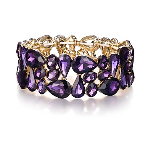 EVER FAITH Armband Damen Art Deco Prom Schmuck Oval Teardrop Kristall Elastisches Hochzeit Braut Stretch für Party Violett Gold-Ton von EVER FAITH