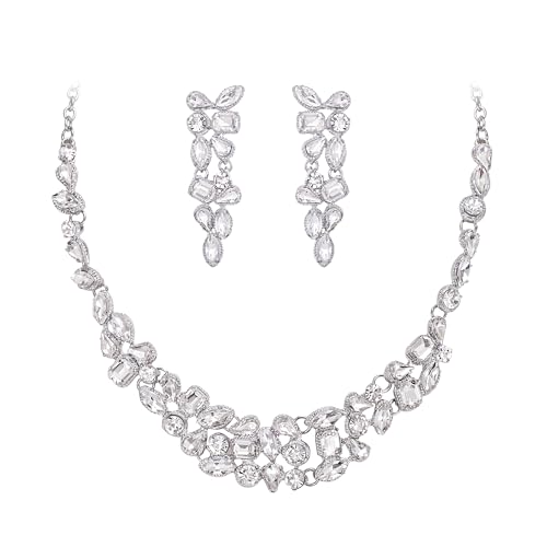 EVER FAITH Art Deco Kristall Braut Prom Schmuckset Braut Strass Geometrische Statement Halskette und Ohrringe Set Kostüm Schmuck für Damen Hochzeit Party Klar Silber-Ton von EVER FAITH
