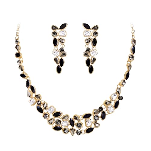 EVER FAITH Art Deco Kristall Braut Prom Schmuckset Braut Strass Geometrische Statement Halskette und Ohrringe Set Kostüm Schmuck für Damen Hochzeit Party Schwarz Gold-Ton von EVER FAITH
