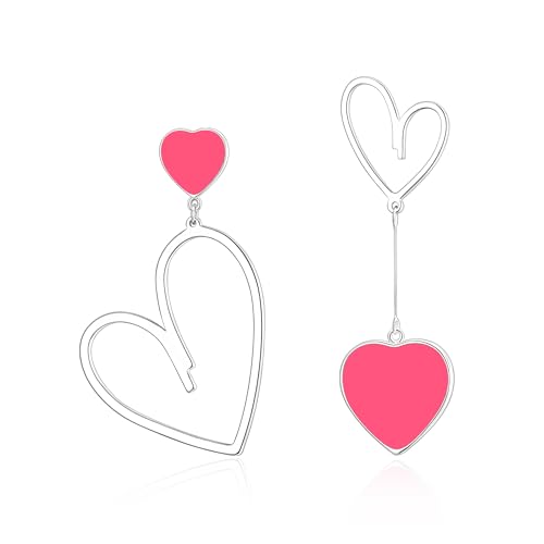 EVER FAITH Asymmetrische Ohrringe Herz Tropfen Ohrstecker mismatched earring Hot Pink Silber-Ton von EVER FAITH