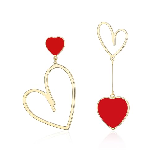 EVER FAITH Asymmetrische Ohrringe Herz Tropfen Ohrstecker schwarze mismatched earring Rot-Gold-Ton von EVER FAITH