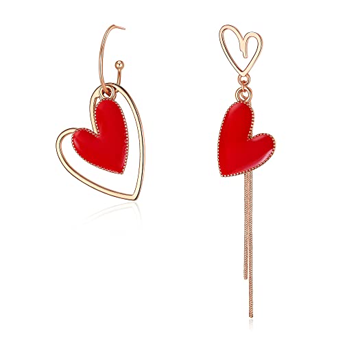 EVER FAITH Asymmetrische Ohrringe für Damen, Rosegold-Ton Große Lange Rot Herz mismatched earrings Ohrhänger Schmuck von EVER FAITH