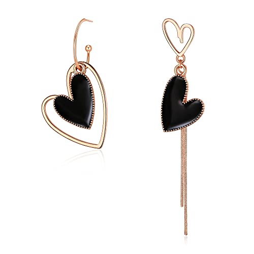 EVER FAITH Asymmetrische Ohrringe für Damen, Rosegold-Ton Große Lange Schwarze Herz mismatched earrings Ohrhänger Schmuck von EVER FAITH