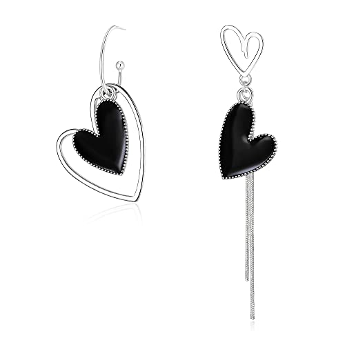 EVER FAITH Asymmetrische Ohrringe für Damen, Silber-Ton Große Lange Schwarze Herz mismatched earrings Ohrhänger Schmuck von EVER FAITH