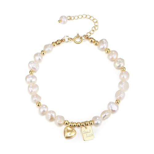 EVER FAITH Barock Süßwasser Perlen Armband mit Zierlich Herz Glück Gold plattiert Charm Verstellbar Armkette für Damen Mädchen EVER FAITH Barock Süßwasser Perlen Armband mit Zierlich Herz Glück Gold plattiert Charm Verstellbar Armkette für Damen Mädchen von EVER FAITH