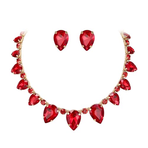 EVER FAITH Birne Form Strass Halskette mit Ohrstecker Rot Kristall Hochzeit Party Kostüm Statement-Schmuck-Sets für Damen von EVER FAITH