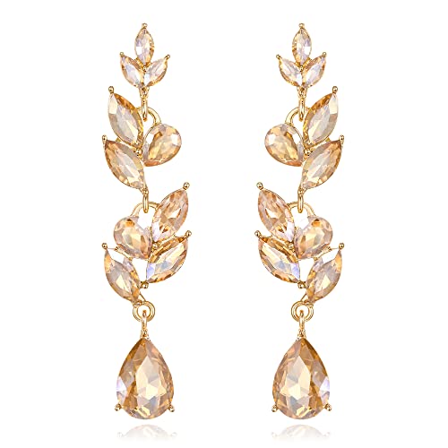 EVER FAITH Blatt Ohrringe Hochzeit Kristall baumeln Tropfen Marquise Art Deco Strass Kronleuchter für Damen Braun Gold-Ton von EVER FAITH