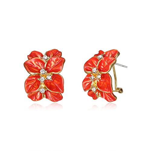 EVER FAITH Blume Ohrstecker Modeschmuck 18k vergoldet Kristall Orange-rot Emaille Blatt zurück Reifen Ohrringe für Damen Mädchen Holiday Party von EVER FAITH
