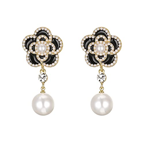 EVER FAITH Blume Perlen Tropfen Ohrringe für Damen Mädchen Schwarz Emaille simulierte lange Ohrstecker von EVER FAITH