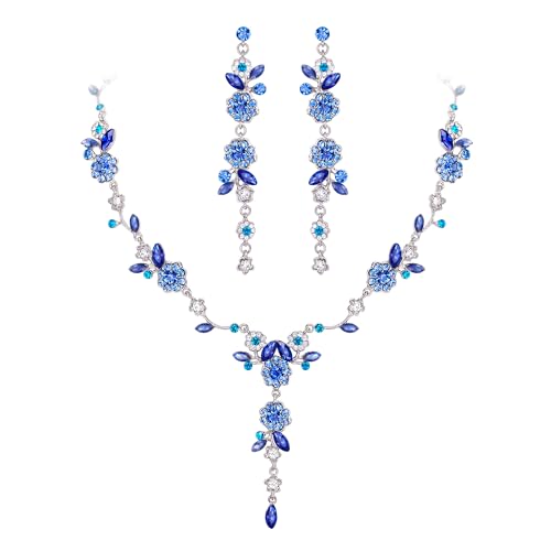 EVER FAITH Blume SchmuckSets für Damen Hochzeit Braut Strass Kristall Blatt Rebe Anhänger Halskette baumeln Ohrringe Set für Prom Party Blau Gold-Ton von EVER FAITH