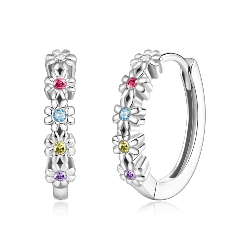 EVER FAITH Blume kleine Creolen für Damen Mädchen hypoallergen zierlich Zirkonia bunte florale Statement Huggie-Ohrringe Blumenschmuck Geschenke Silber-Ton von EVER FAITH