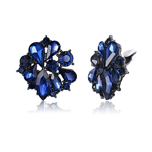 EVER FAITH Blumen-Ohrclips für Damen Mädchen Strass-Kristall Blumen Clips on Ohrringe Navy Blau von EVER FAITH