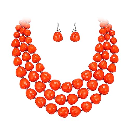 EVER FAITH Böhmische Mehrschichtige Halskette Ohrringe Set, Orange Statement Beaded Chunky Kragen Bib Halskette Schmuck-Set für Damen von EVER FAITH