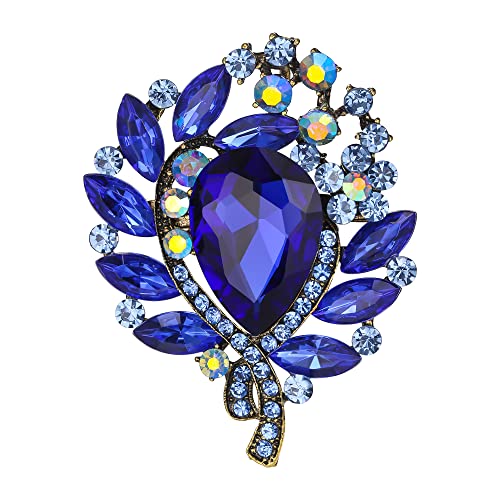 EVER FAITH Braut Runde Strass Brosche Pin, glänzend Tropfen Marquise Kristall Vintage Pin Schmuck Geschenk für Damen Blau Gold-Tone von EVER FAITH